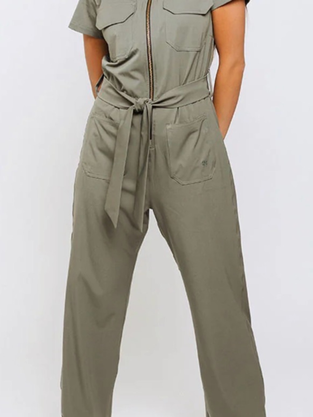 Short-Sleeve Olive Green Utility Jumpsuit with Front Zip - Picture 7 of 11